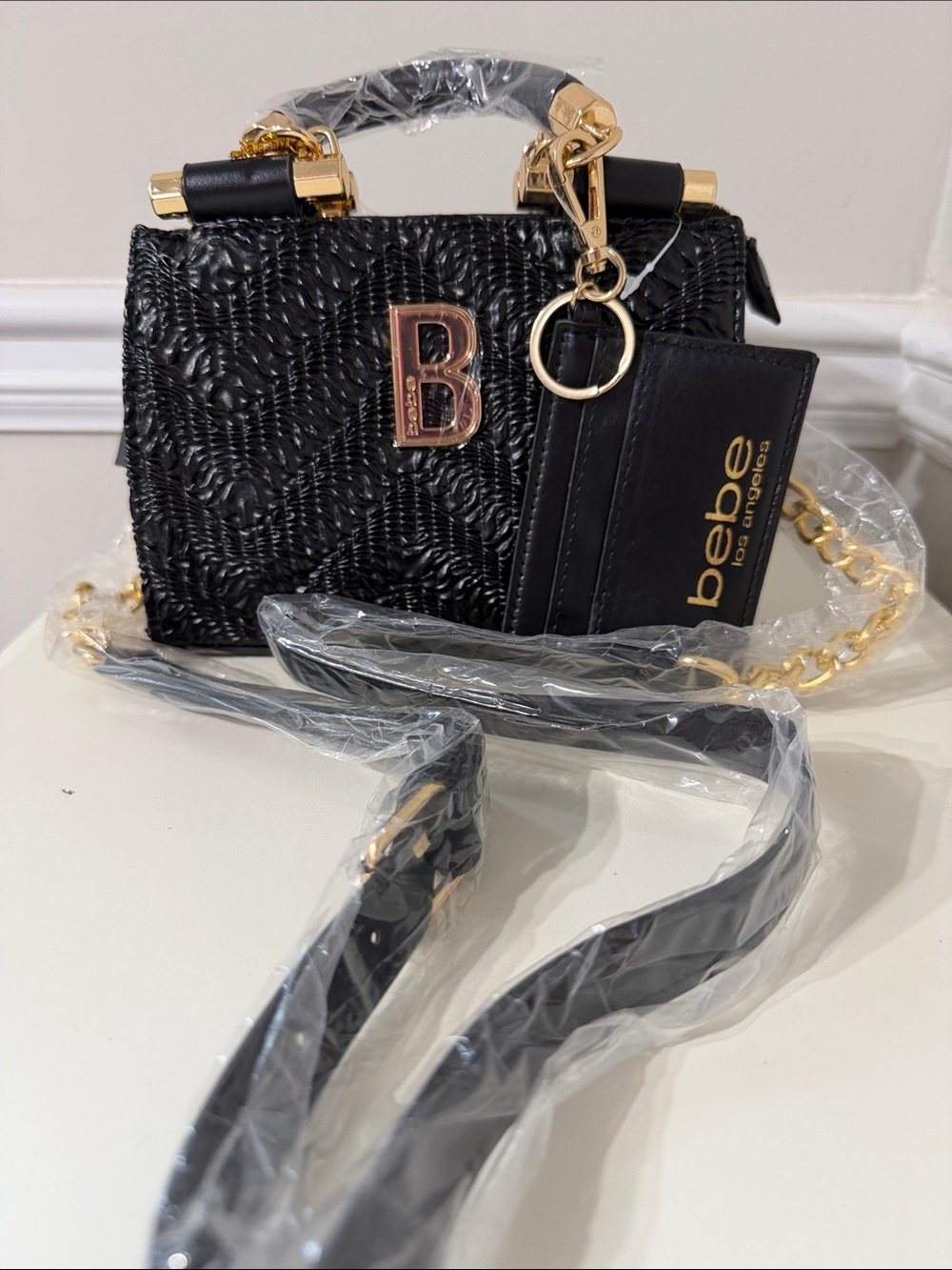bebe Black Textured Mini Top-Handle Crossbody with Gold Hardware